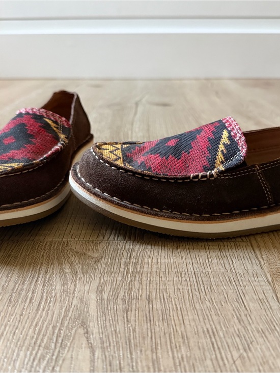 Myra Shoes - Myra Auburn Leather Flats with Red & Yellow Patterned textile